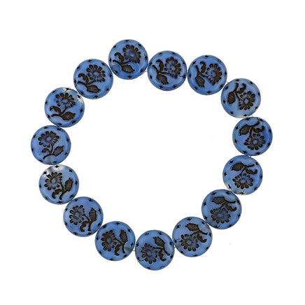 Blue Czech Glass Coin Beads with Daisy Flower Design, Blue Silk with Black Wash, 18mm, a full strand photographed on white background demonstrating the variation