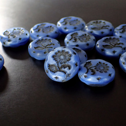 Blue Czech Glass Coin Beads with Daisy Flower Design, Blue Silk with Black Wash, 18mm