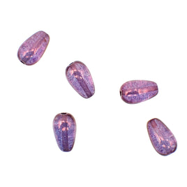 czech glass beads in a teardrop shape with a purple lumi luster. They are 10mm tall by 6mm wide.