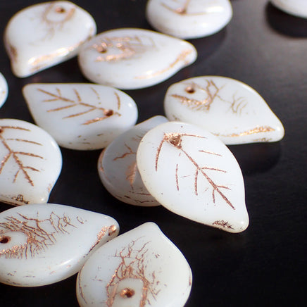 White Leaf Beads with Metallic Copper Wash, Artisan Czech Pressed Glass, 18x13mm