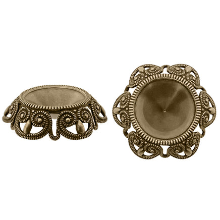 Setting - Filigree - for 14mm Round Fully Faceted - Antiqued Brass