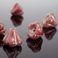 Dusty Pink Czech Glass Baby Bell Flower Beads, 10x8mm with Bronze Finish and Platinum Wash