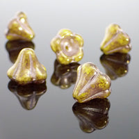 Czech Glass Bell Flower Beads, 13x11mm Yellow Silk with Bronze Luster and Platinum Wash