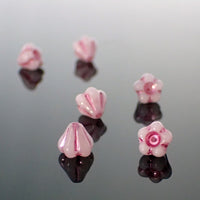 Czech Glass Baby Bell Flower Beads, 6x4mm Opaque White with Metallic Pink Wash