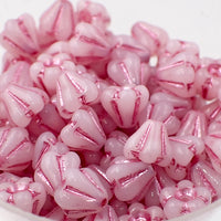 Czech Glass Baby Bell Flower Beads, 6x4mm Opaque White with Metallic Pink Wash