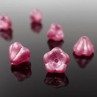 Czech Glass Baby Bell Flower Beads, 8x6mm Clear Matte with Metallic Pink Wash