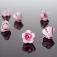 Czech Glass Baby Bell Flower Beads, 8x6mm Opaque White with Metallic Pink Wash