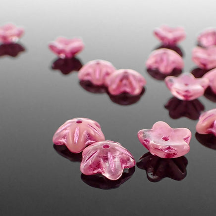 Pink Czech Flower Beads, 10x4mm Clear and Opaque Glass Mix with Metallic Pink Wash