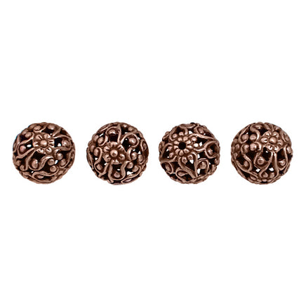 Metal Floral Filigree Beads - 10mm Round - Antiqued Copper