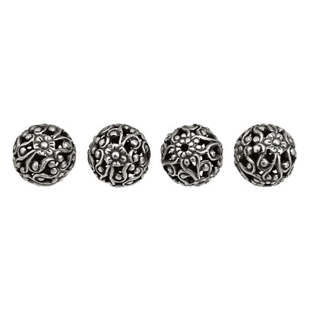 Metal Floral Filigree Beads - 10mm Round - Antiqued Silver