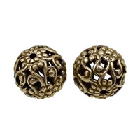 Metal Floral Filigree Beads - 10mm Round - Antiqued Brass