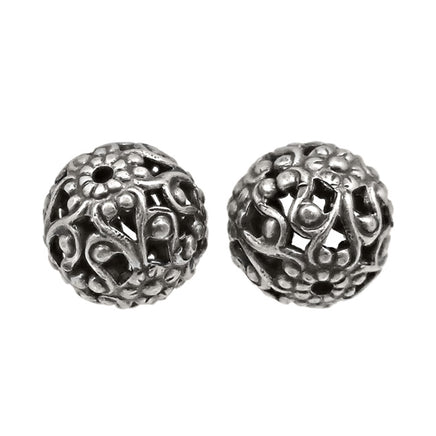 Metal Floral Filigree Beads - 10mm Round - Antiqued Silver