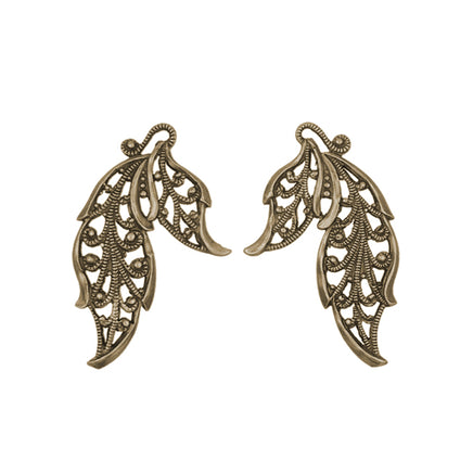 pair of leaf shaped filigree pendants in antiqued brass finish