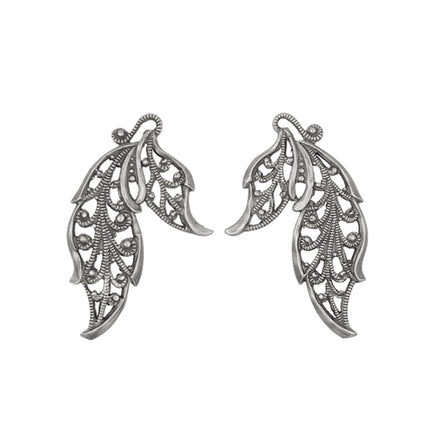 Pair of Lacy Leaf-shaped Filigrees in Antiqued silver plated brass