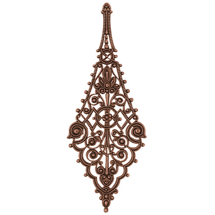 Large filigree drop in antiqued copper plated brass